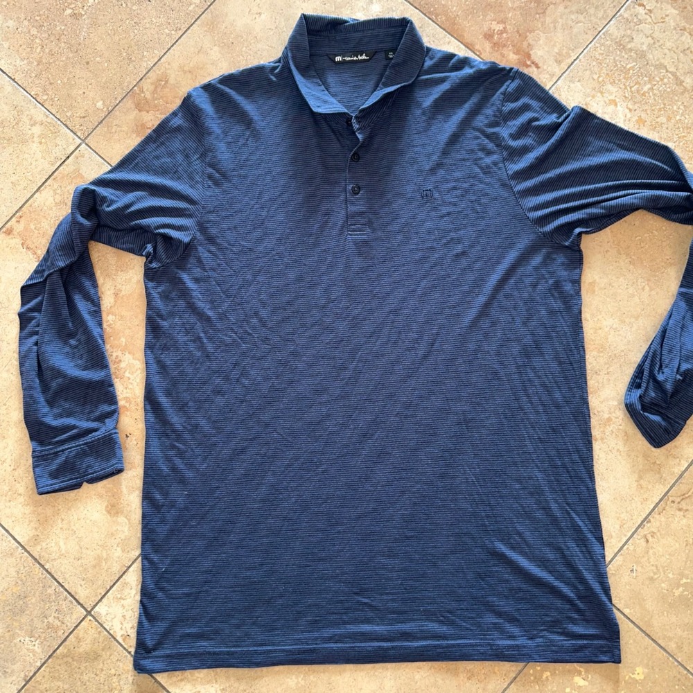 Travis Mathew Mens Long Sleeve‎ Polo Shirt Navy Blue Stripe Size XXL Golf Casual